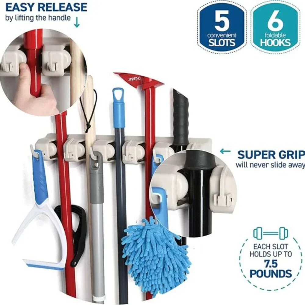 Mop and Broom Holder Wall Mount 2 Pack Garage Storage Organizer with 5‎ Slots